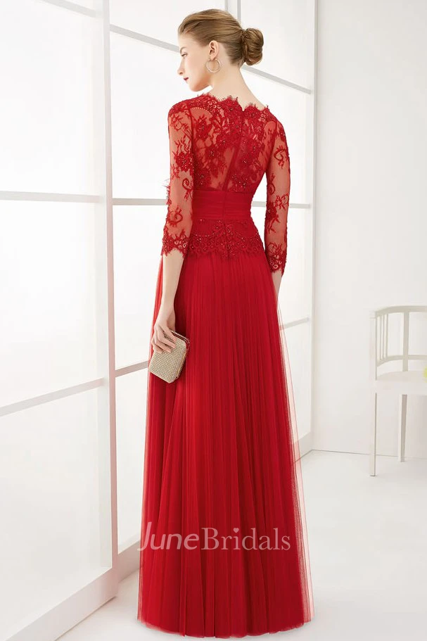 A-Line Long Appliqued 3-4-Sleeve Jewel-Neck Tulle Prom Dress With Flower