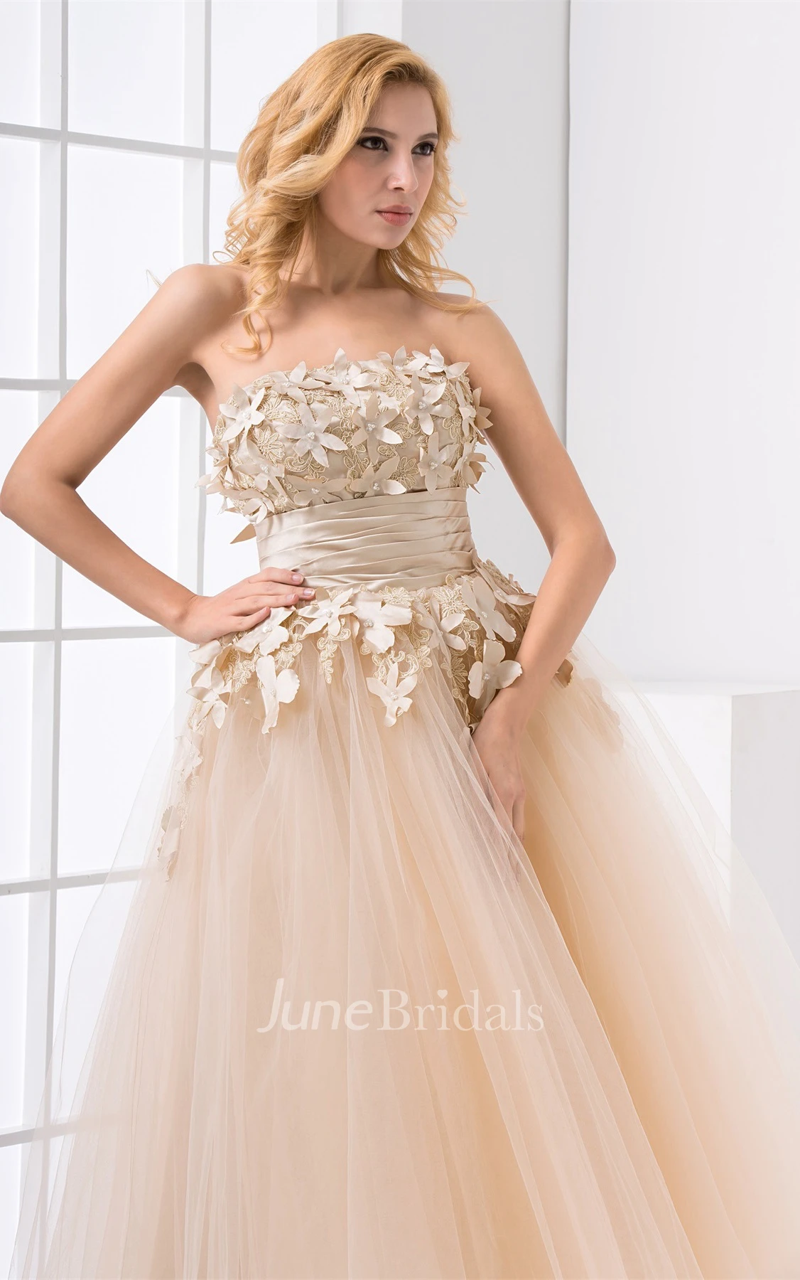 strapless ankle-length tulle dress with appliques and flower