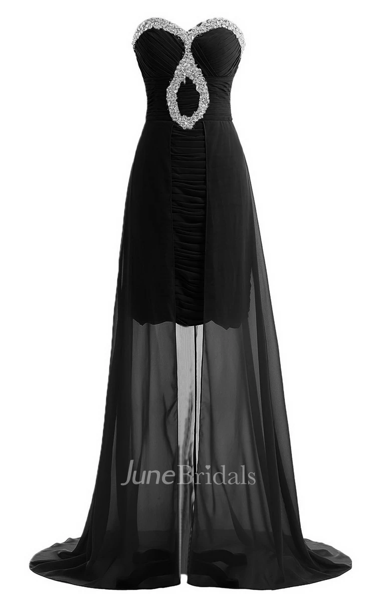Sweetheart Long Chiffon Dress With Ruching and Sequins