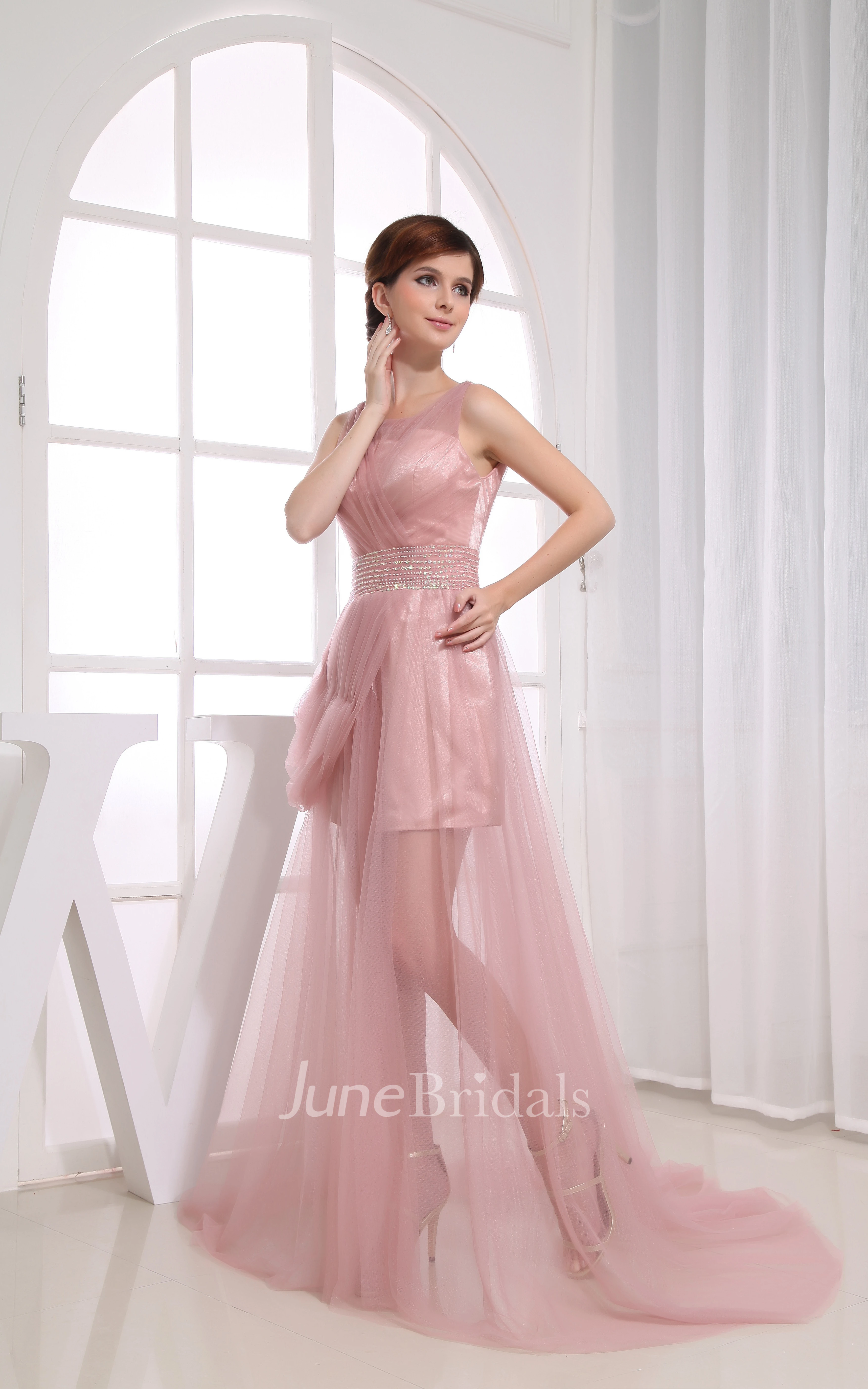 Bateau-Neck Sleeveless Dress With Tulle Overlay and Beaded Waist