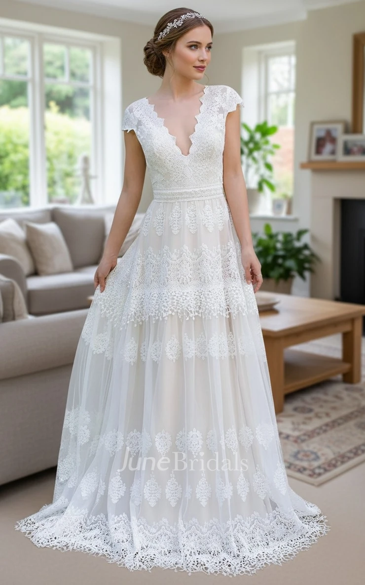 Vintage Lace Boho Beach Wedding Dress with Cap Sleeves Romantic A-Line Country Deep V Neck Bridal Gown with Open-Back