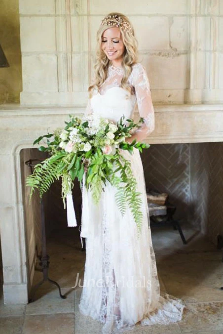 Vintage Bohemian Sheath Sheer Bateau Neck Long Sleeves High Slit Lace Bridal Gown