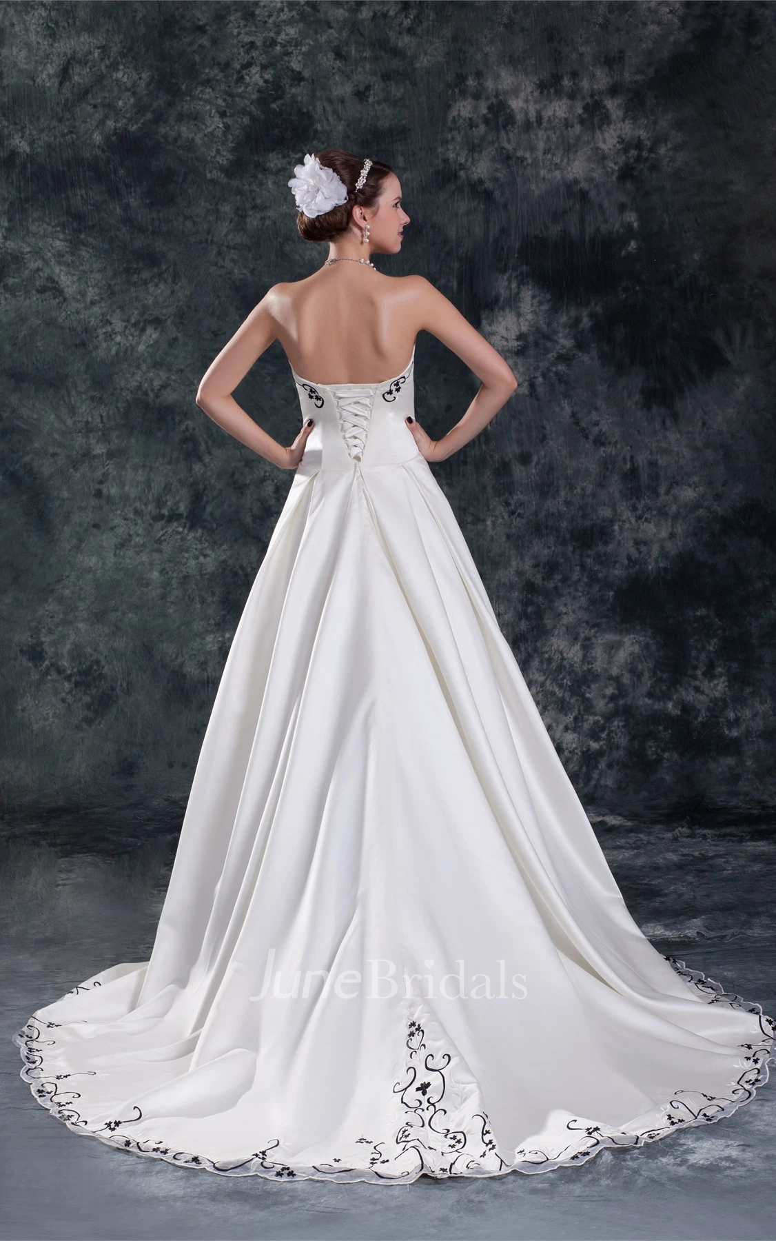 Strapless Satin Pleated Ball Gown with Embroideries