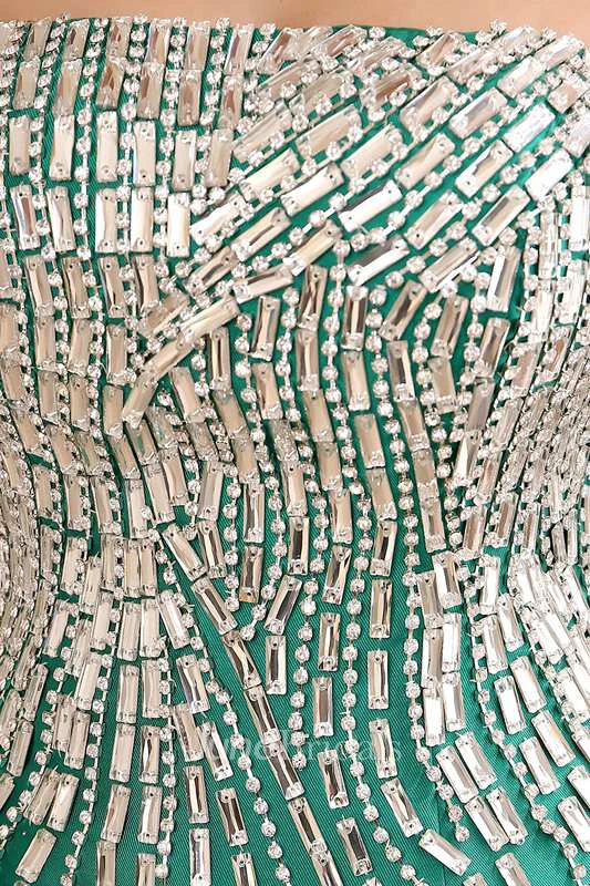 Strapless Beaded Bodice Mermaid Pleated Satin Gown 