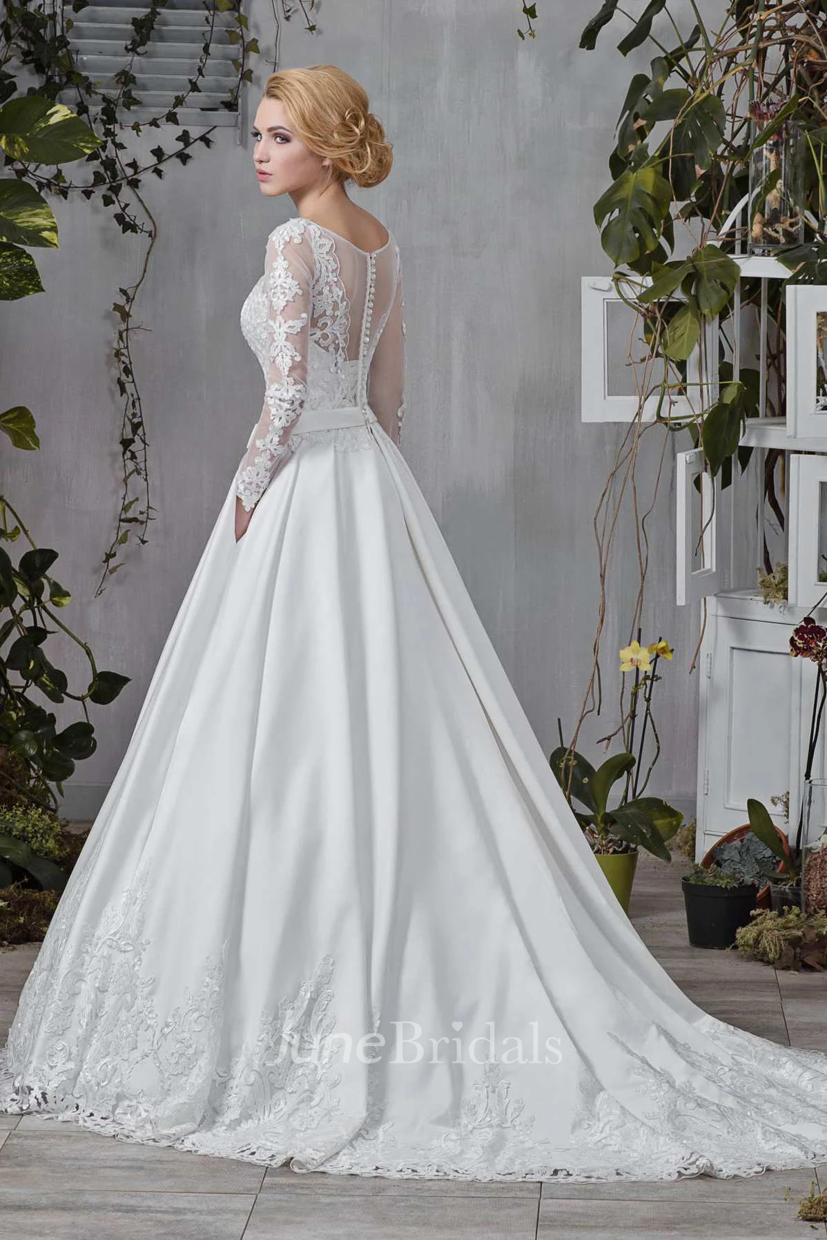 Bateau Long Sleeve Satin A-Line Wedding Dress With Appliques And Illusion