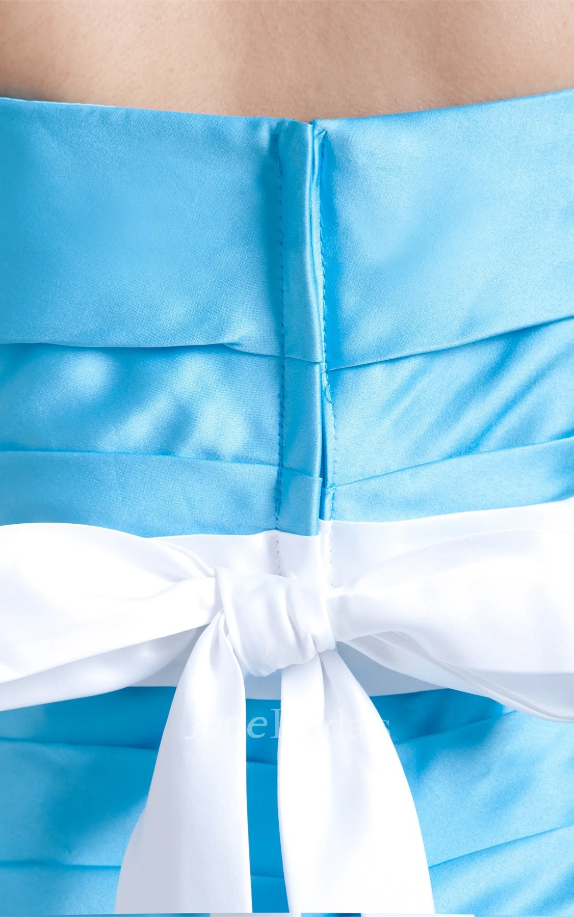 strapless a-line satin dress with flower and criss-cross ruching