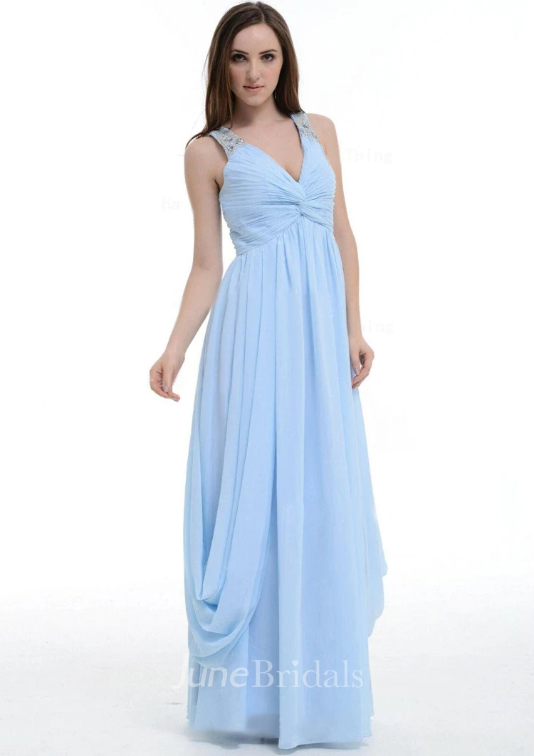 V-Neck Chiffon Empire Dress With Beading And Draping