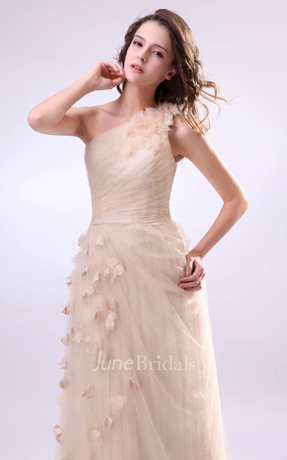 Pleated Asymmetrical One-Shoulder Dress With Soft Tulle And Flower