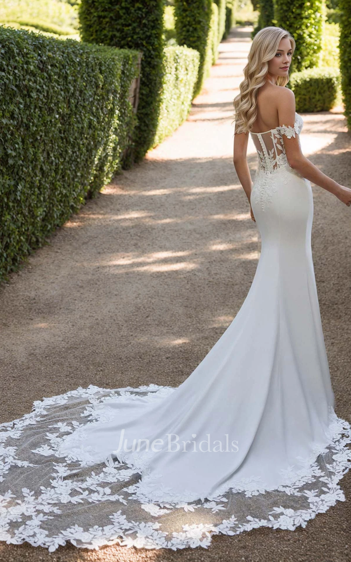 Sexy Elegant Off-the-shoulder Mermaid Jersey Lace Flowers Warm Wedding Dress Vintage Romantic Floor-length Sleeveless Open Button Back Bridal Gown with Train