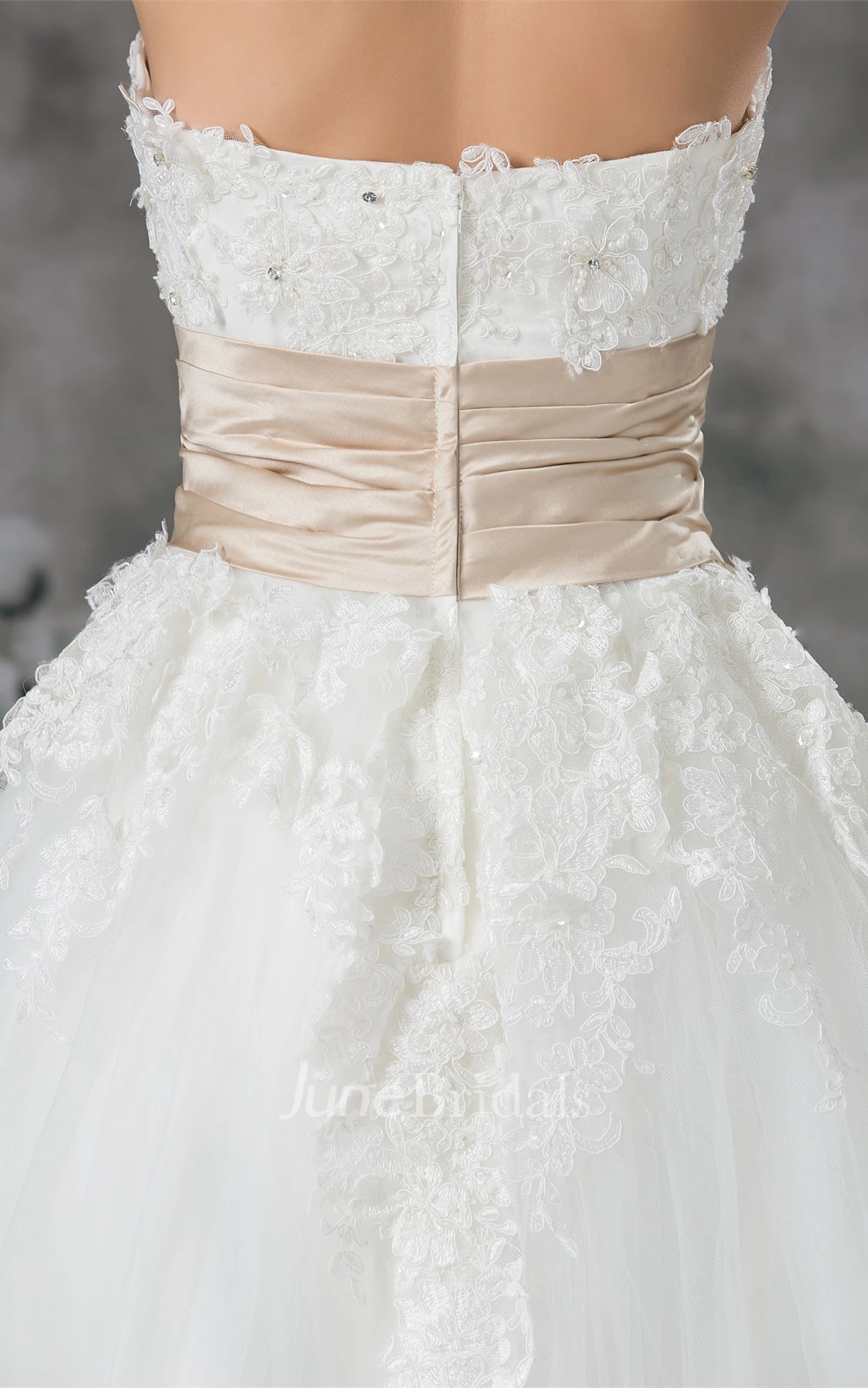 strapless a-line ankle-length gown with tulle overlay and appliques