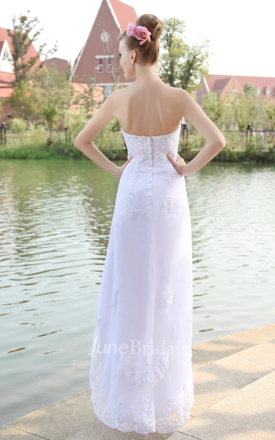 Organza High-Low Strapless Gown With Lace Appliques