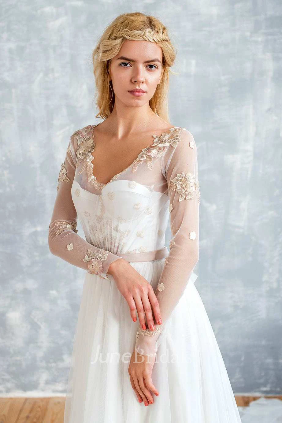 Illusion Long Sleeve Tulle A-line Floor-length Wedding Dress With Appliques