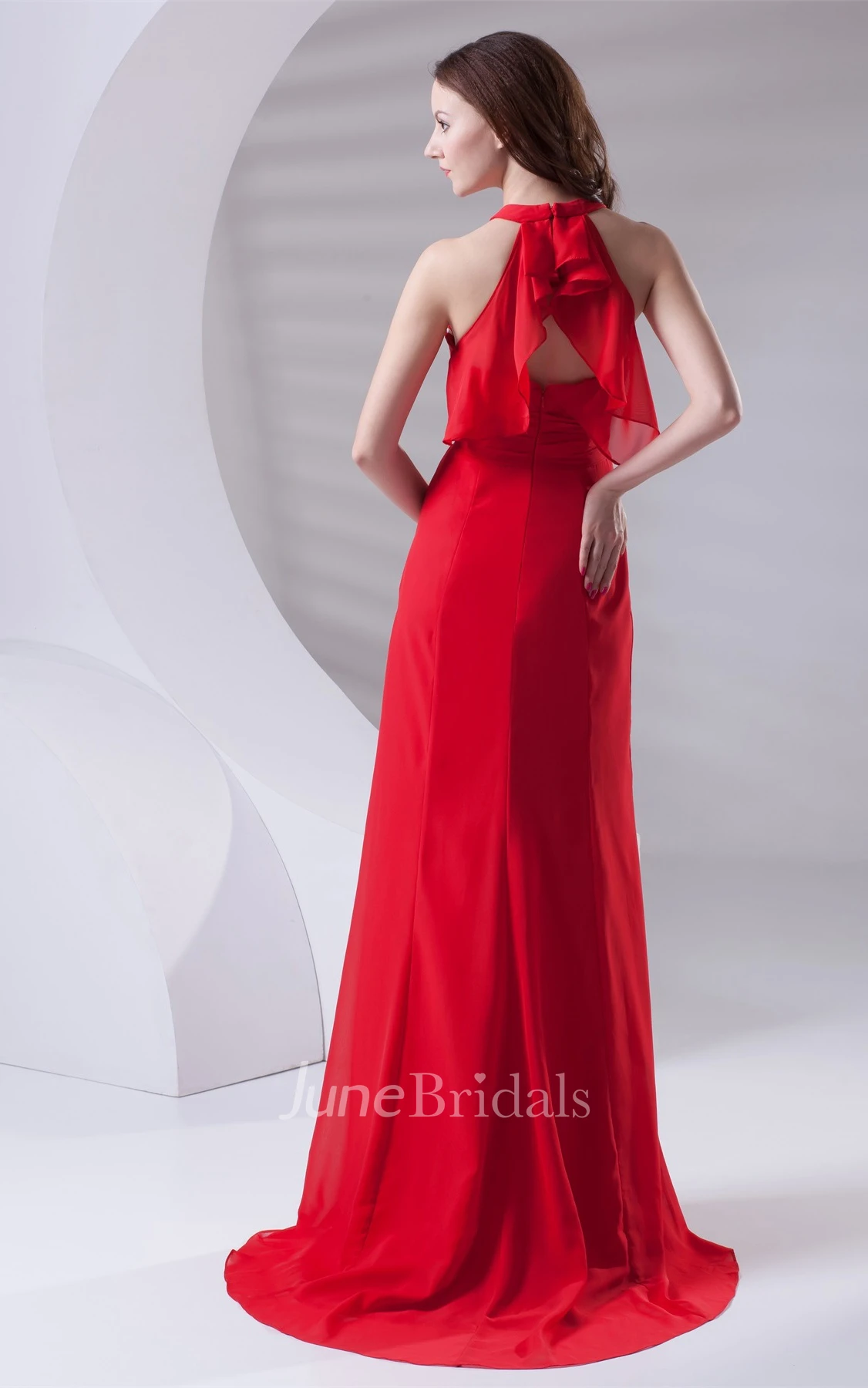 Plunged Chiffon Maxi Dress with Ruching and Brush Train