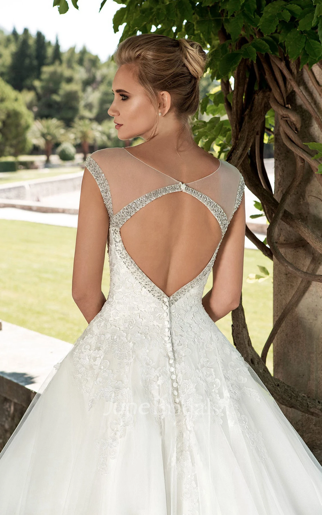 A-Line Long Scoop-Neck Cap-Sleeve Keyhole Tulle Dress With Appliques And Beading