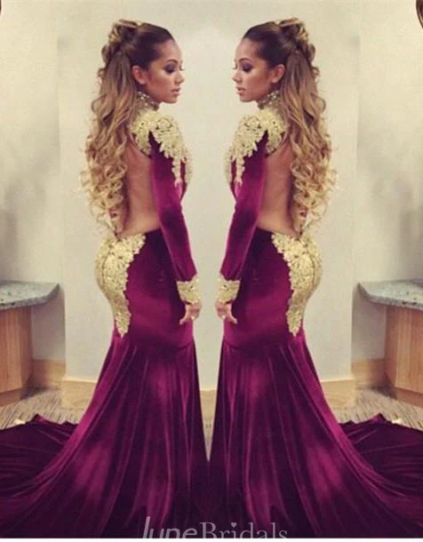 Stunning Long Sleeve Golden Appliques Evening Dresses Mermaid With Train