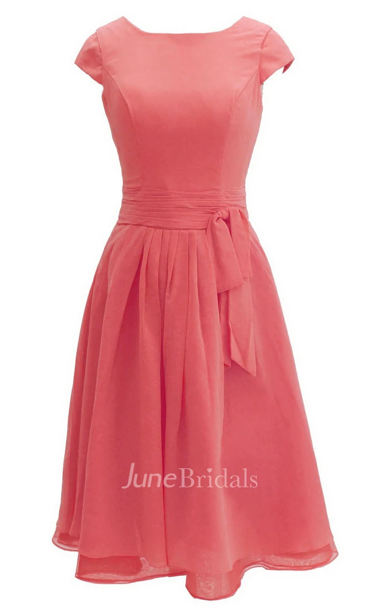 Pure Cap-sleeve Bateau Neck A-line Gown With Sash