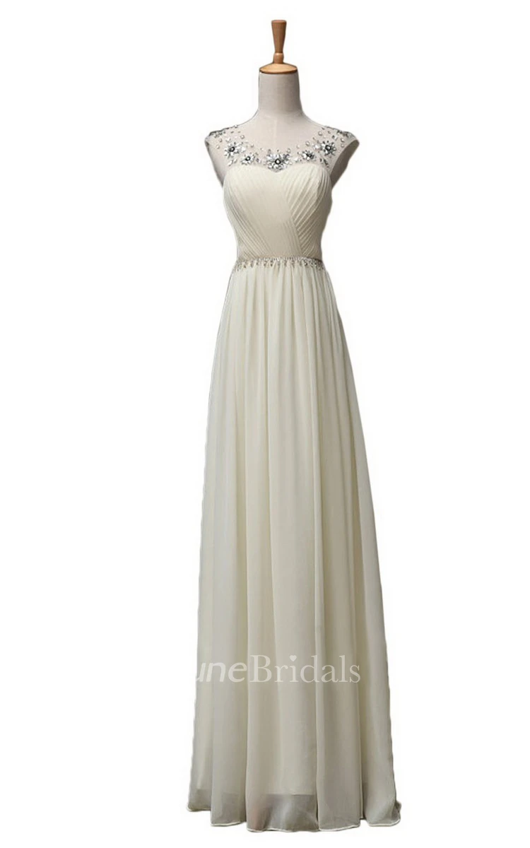 Sleeveless Long Ruffled Chiffon Dress With Beaded Neck