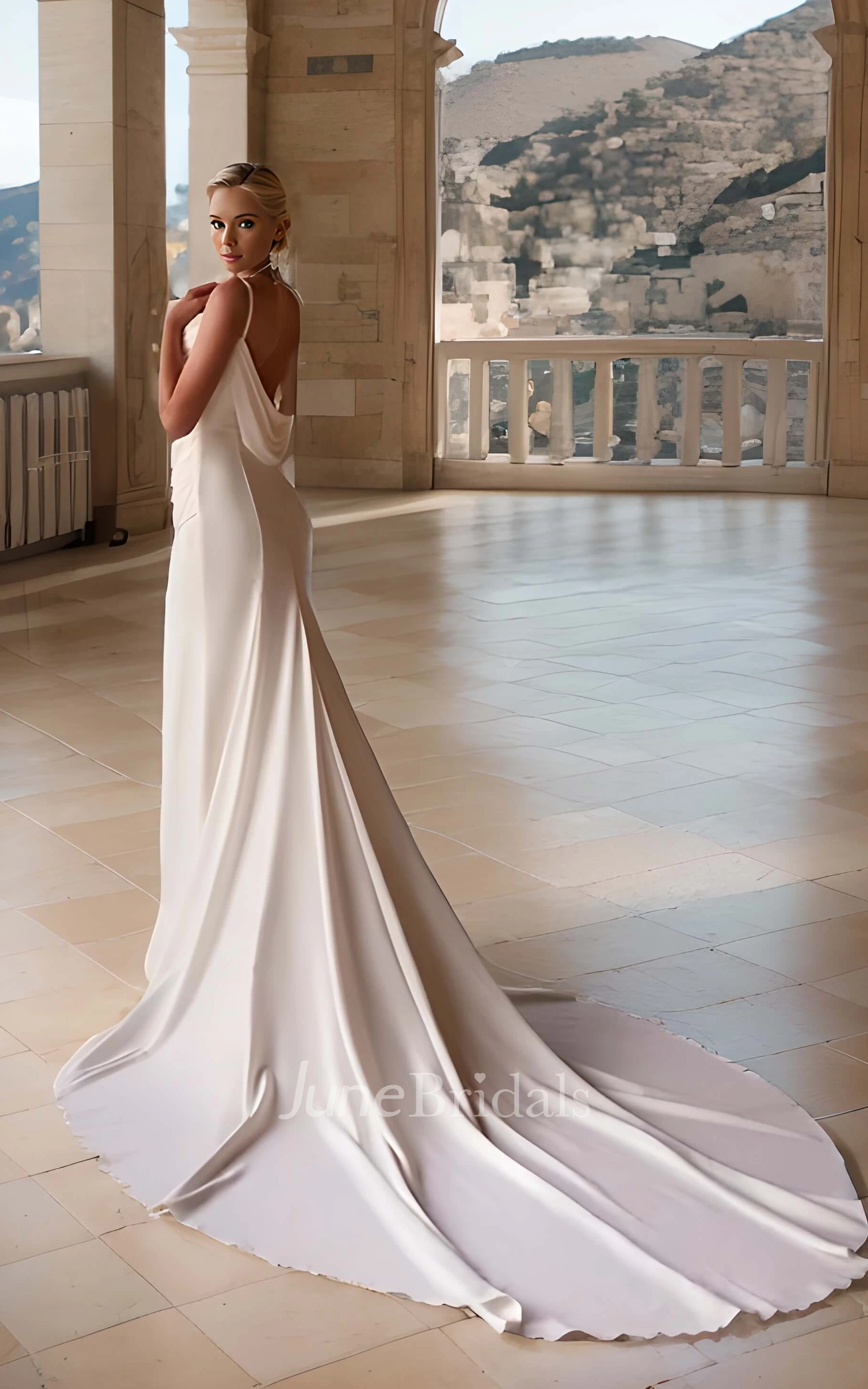 Modern Simple Spaghetti Strap Mermaid Style Winter Wedding Dress Minimalist Casual Split Front Square Cowl Neckline Chapel Train Gown