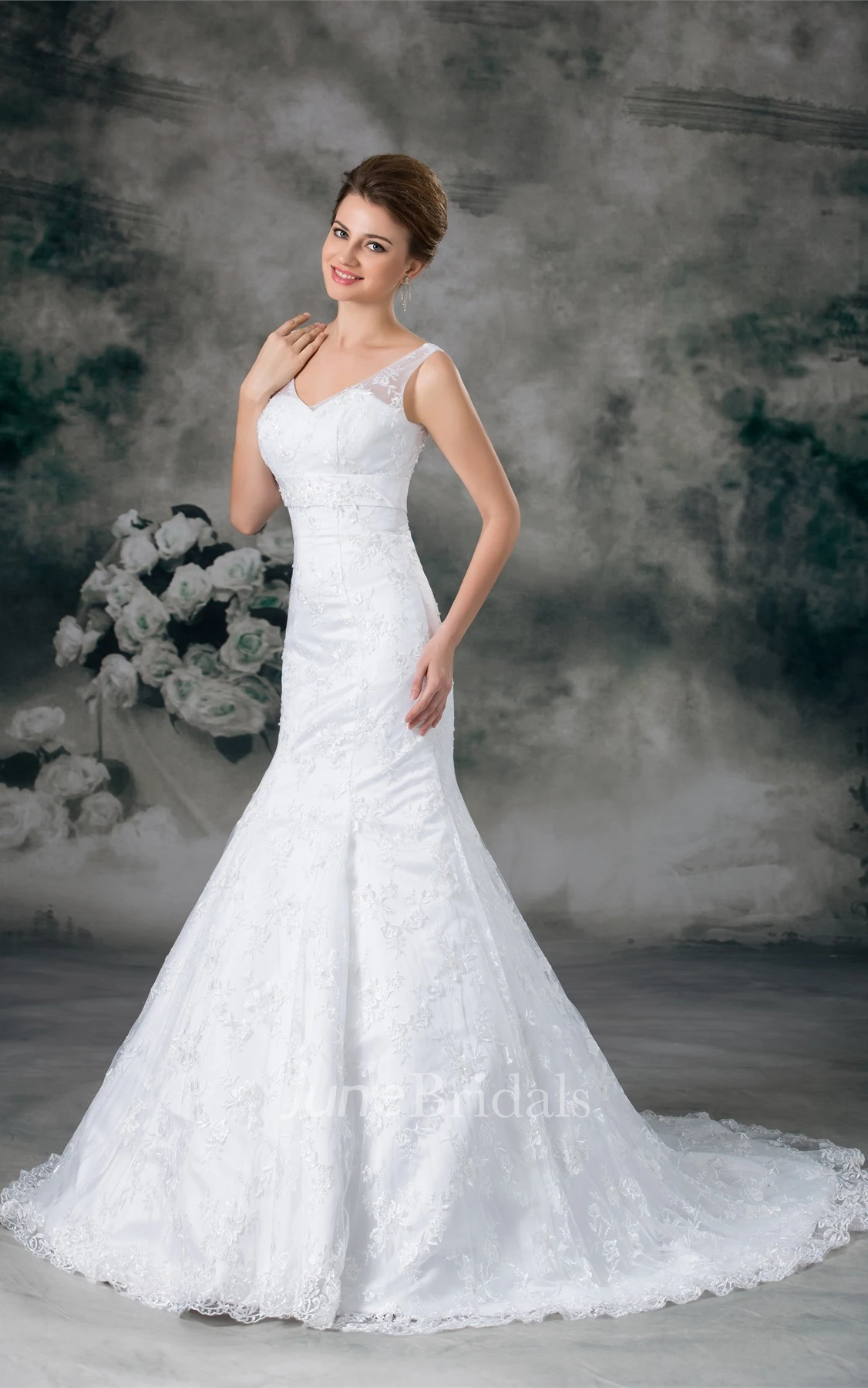 plunged mermaid sleeveless gown with low-v back and lace