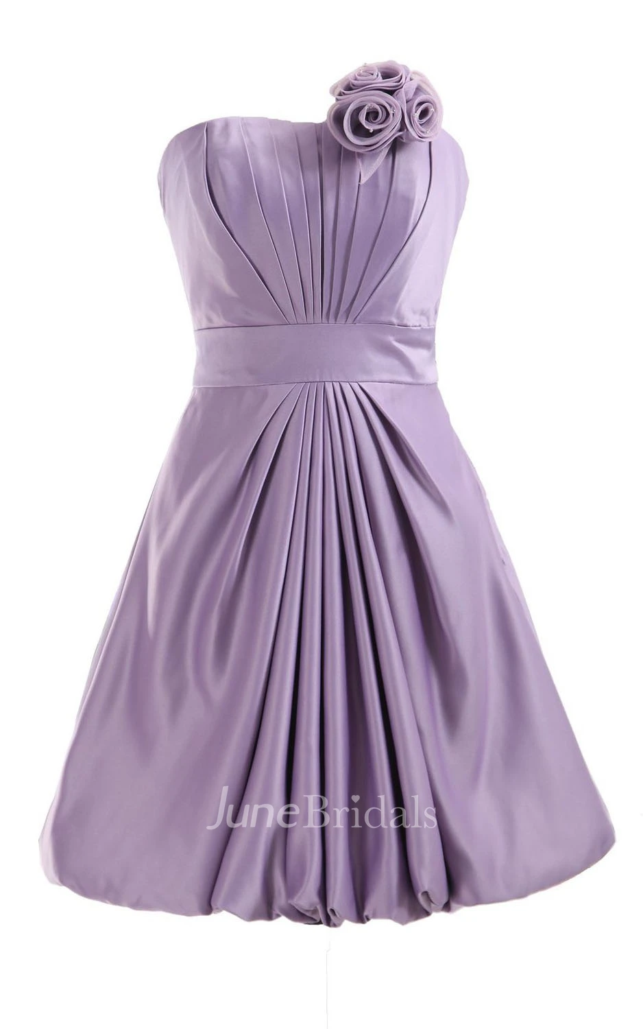 Strapless Appliqued Ruched Bodice Short Pleated Satin Dress