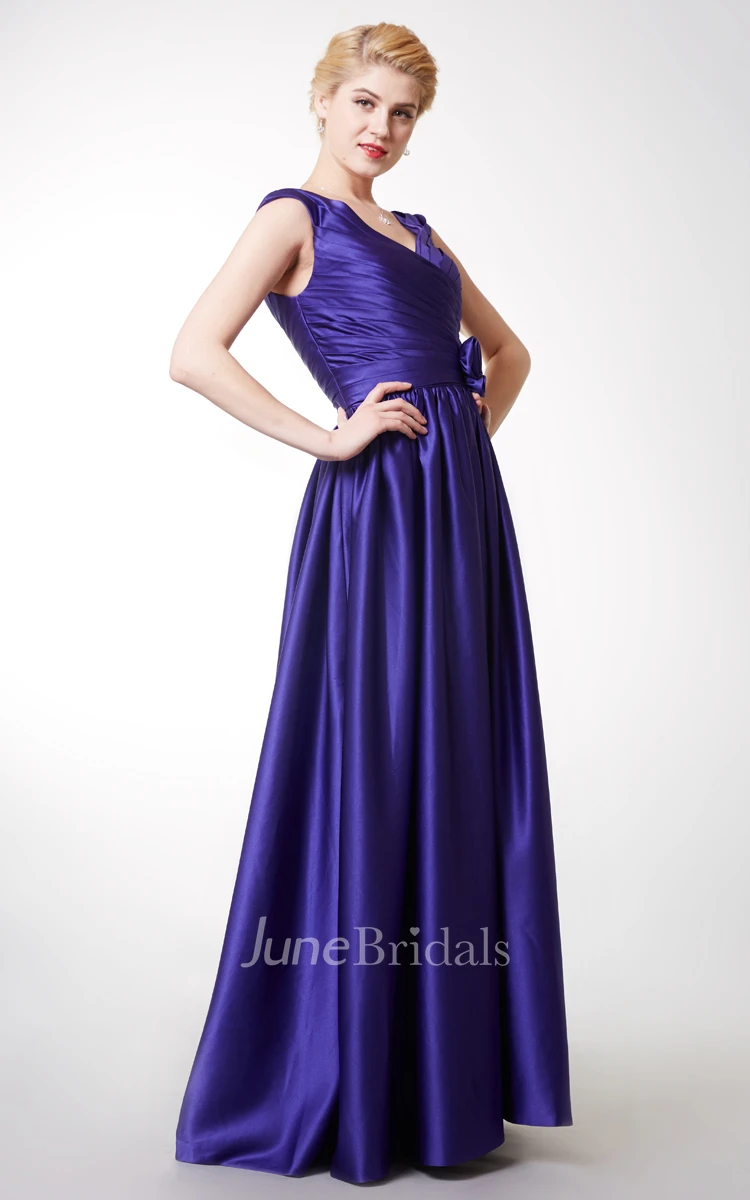 A-line Cap Sleeve V-neck Satin Gown With Pleats