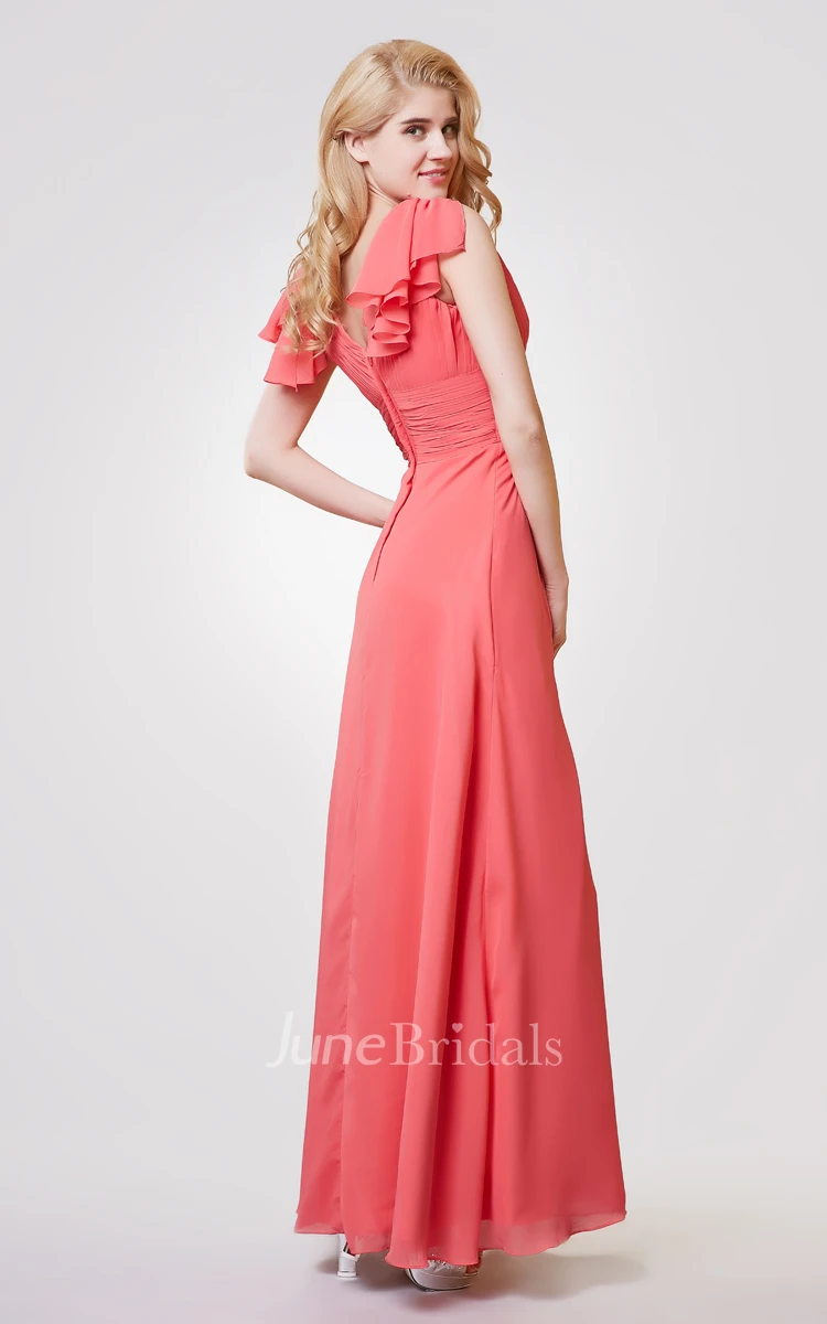 V-neck Ruched A-line Long Chiffon Dress With Flower