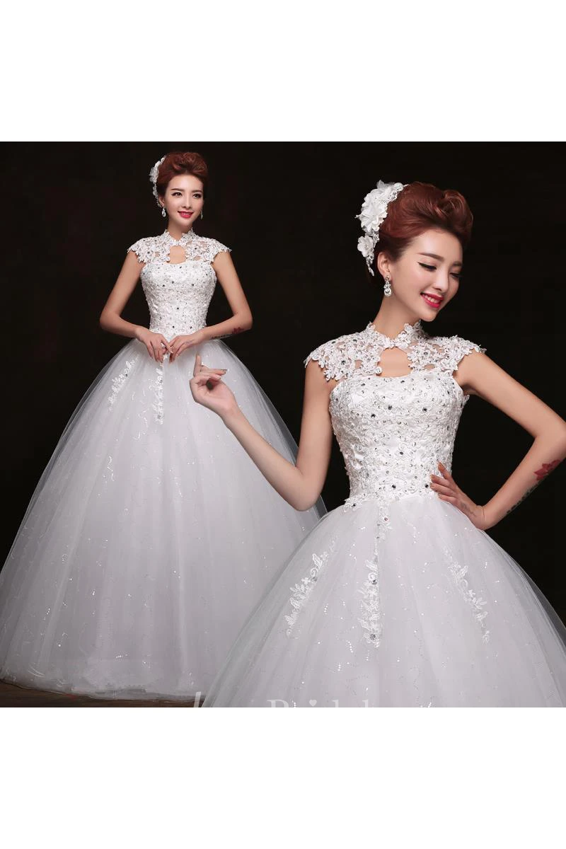 Gorgeous High Neck Cap Sleeve Wedding Dresses Ball Gown With Lace Appliques
