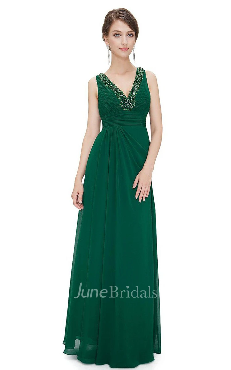 Sleeveless V-neck A-line Beaded Chiffon Gown