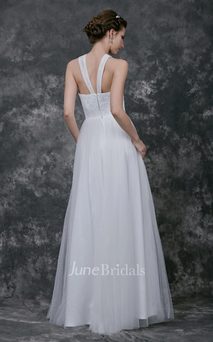 Sweetheart V Halter Neck Pleated Long Tulle Gown With Lace Bodice