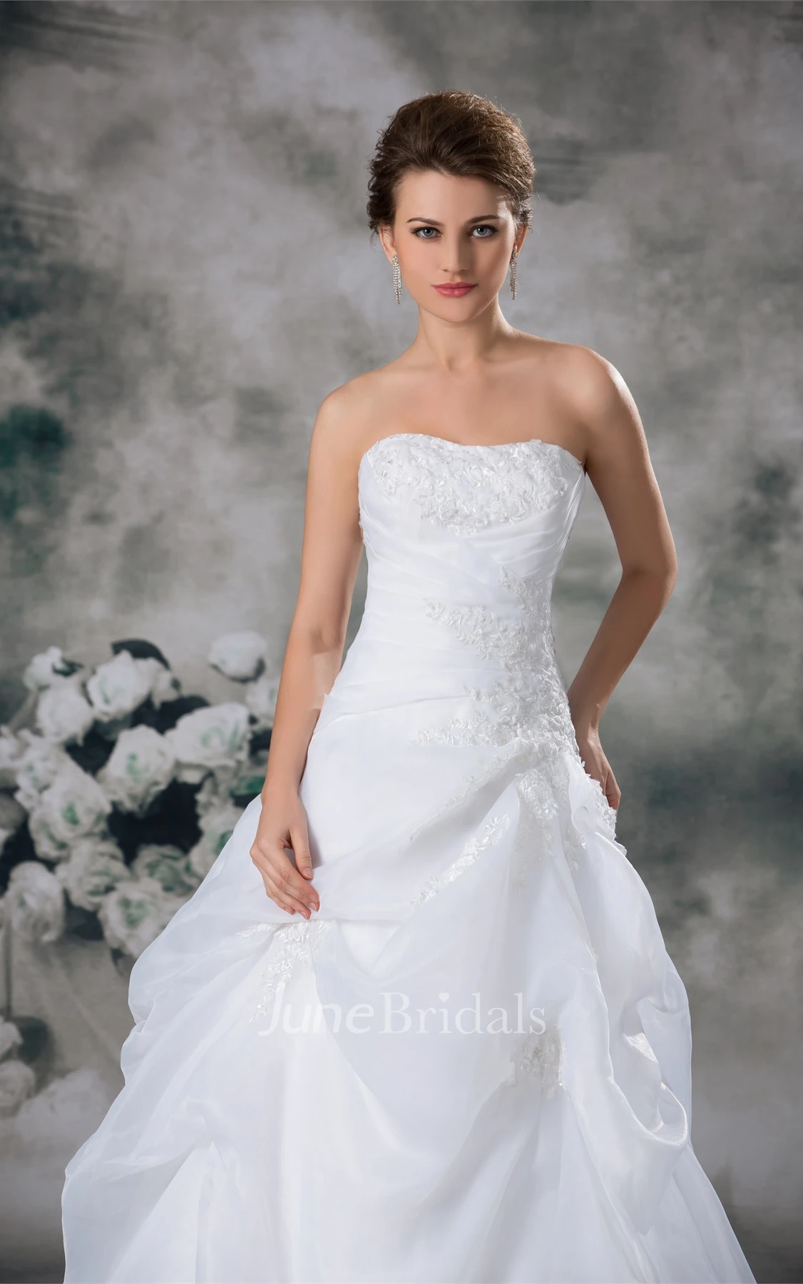 strapless pick-up ball lace gown with court train and appliques