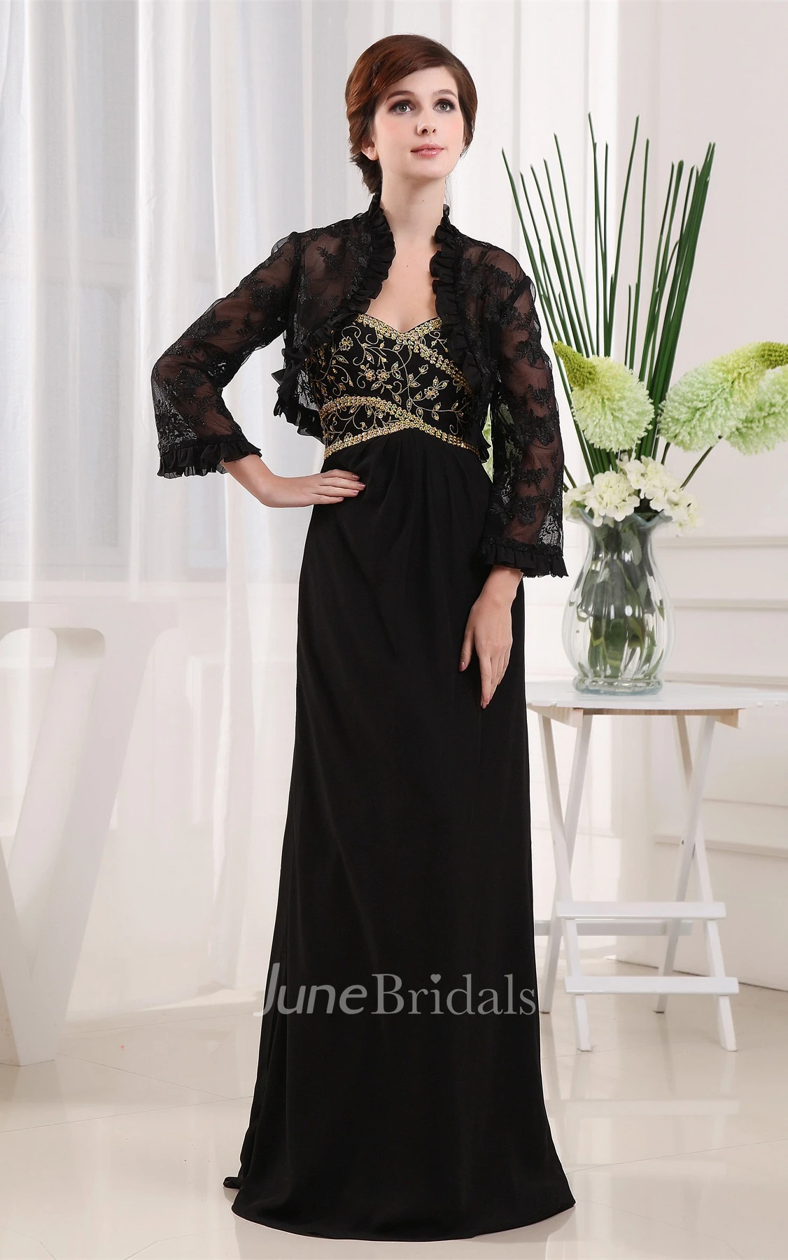 Strapless Ruched Chiffon Maxi Dress with Beading and Bolero