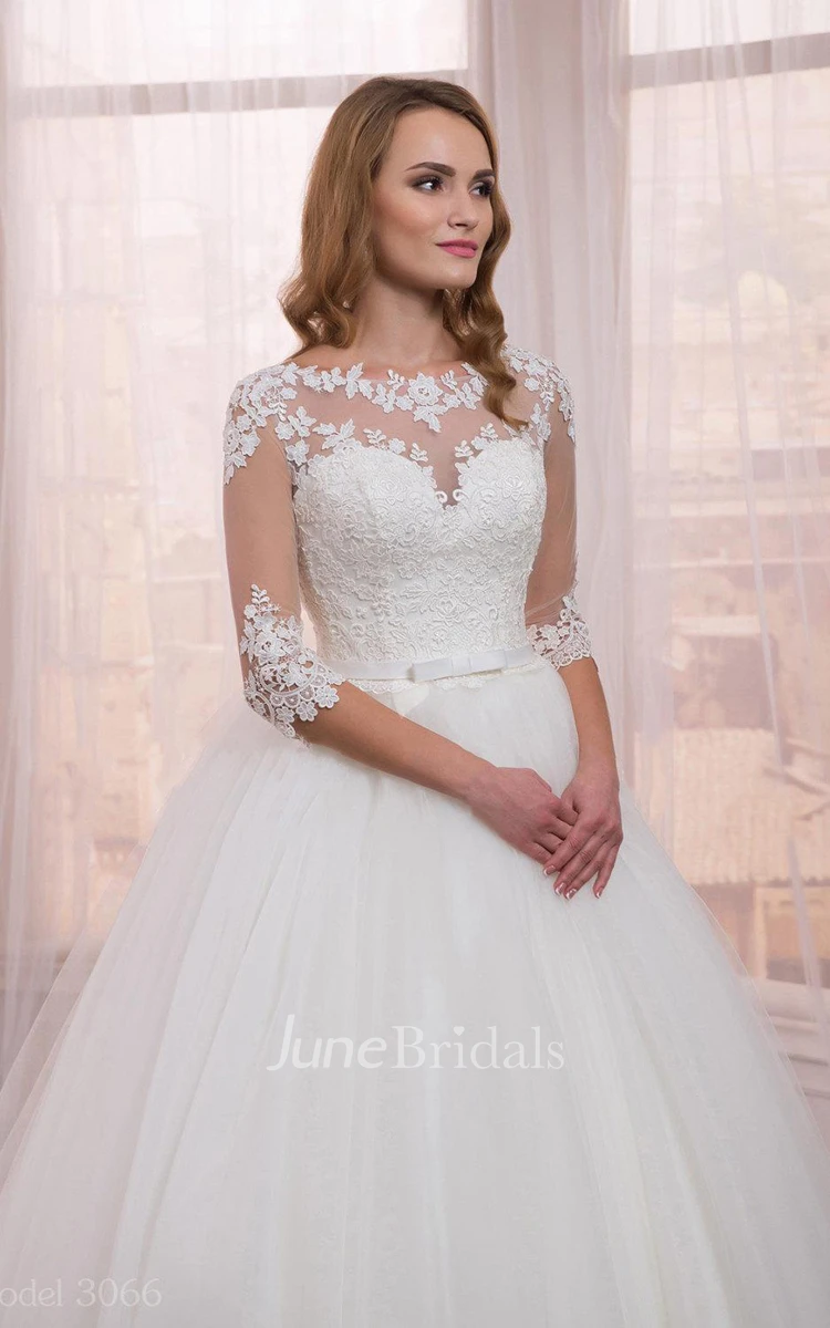 Half Sleeve Tulle Ball Gown Dress With Appliques