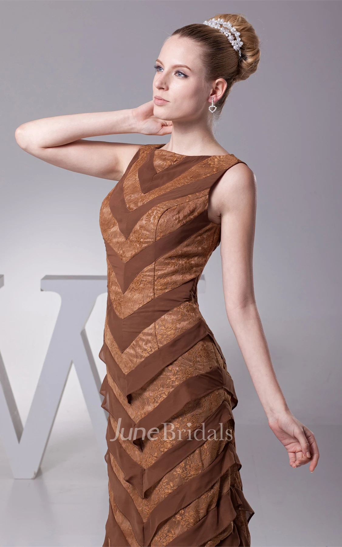 Bateau Sleeveless Tiered Chiffon Sheath Gown with Lace Embroidery