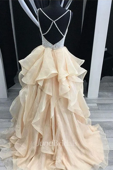 Sexy Backless V Neck Beaded Ruffle Long Evening Prom Dress