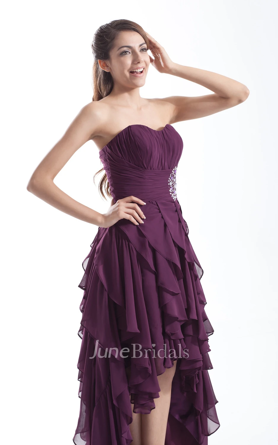 Sweetheart Sleeveless High-Low Dress With Crystal Detailing And Cascading Ruffles
