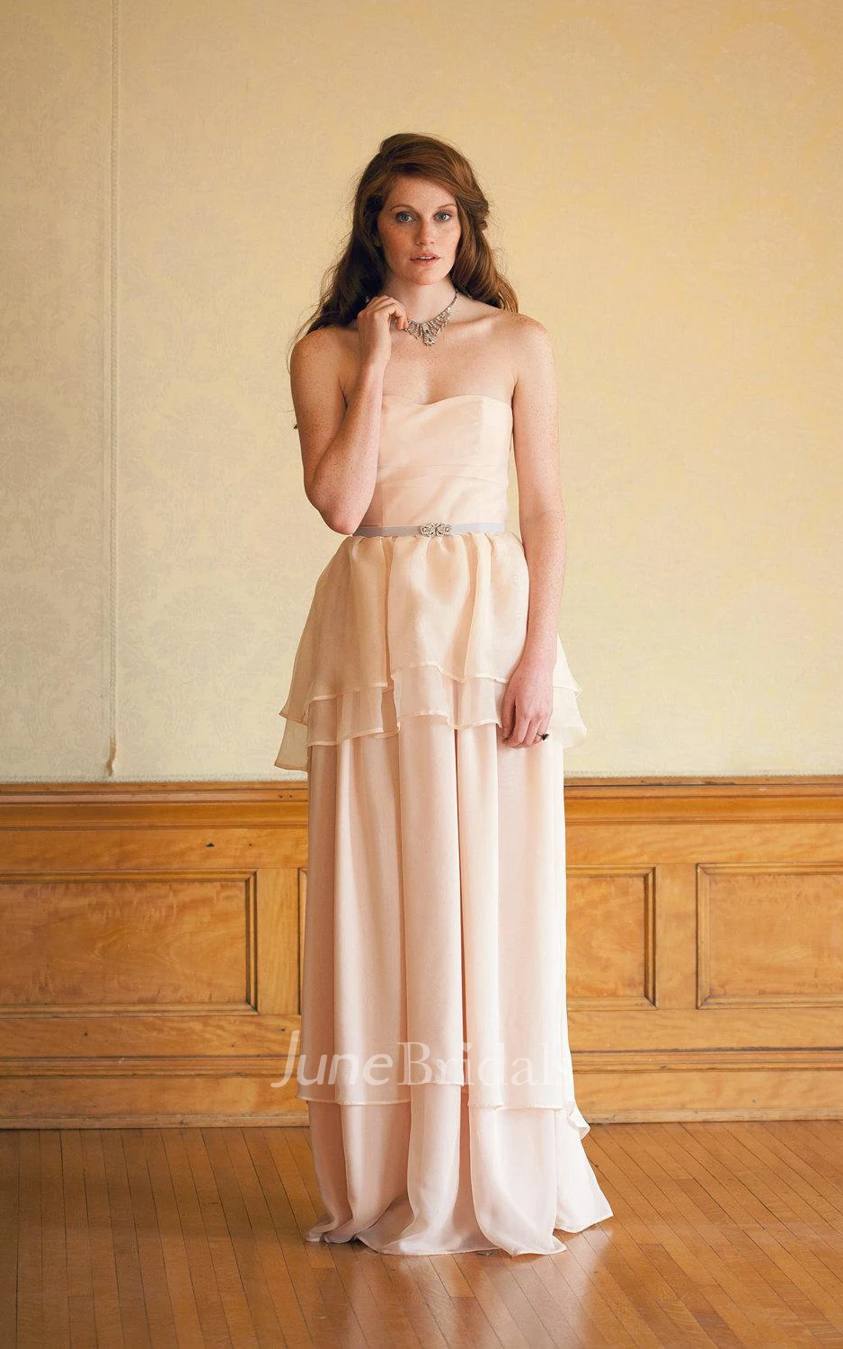 Romantic Style Strapless Tiered Wedding Gown With Beading Detailing