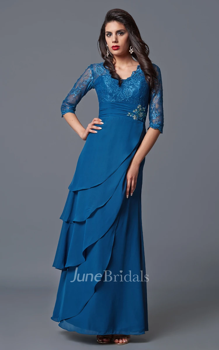 Long Sleeve V Neck Chiffon Mother of the Bride Dress - June Bridals