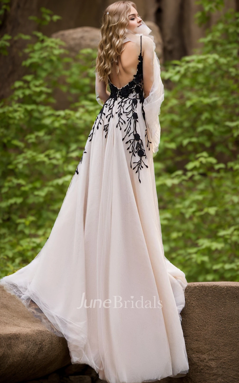 Sexy A-Line Lace Black and White Wedding Dress Country Beach Elegant Straps  V-Neck Open Back Appliques Bridal Gown - June Bridals