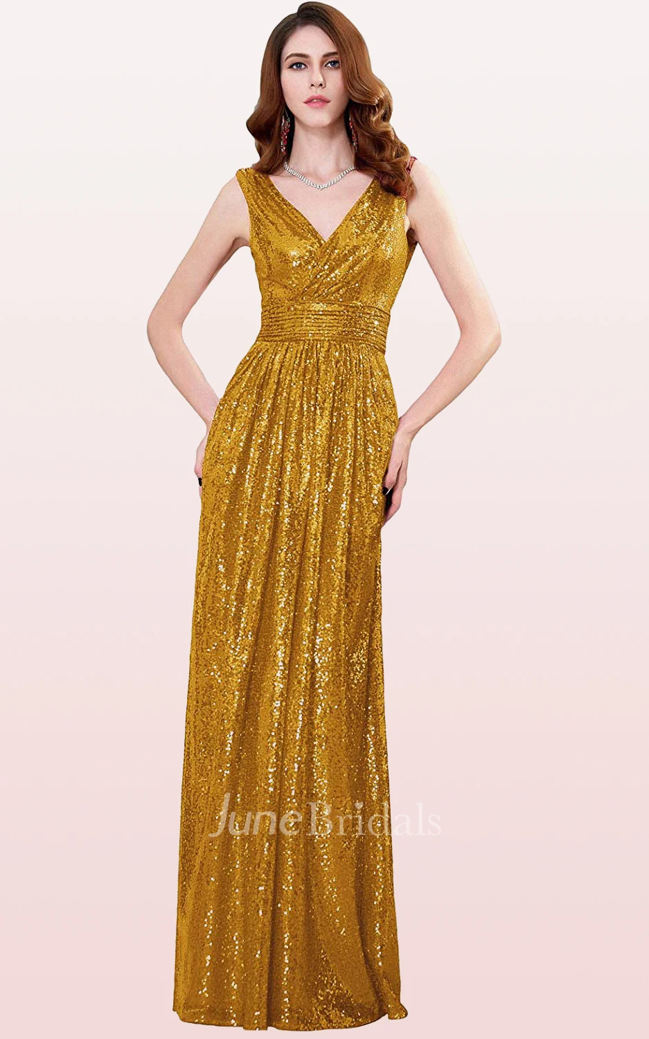 Luxury A Line V-neck Sequins Sleeveless Bridesmaid Dress