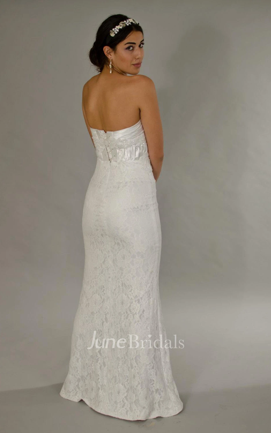 Strapless Long Sheath Lace Wedding Dress With Detachable Chiffon Skirt