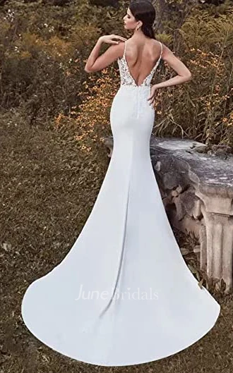 Mermaid Spaghetti Satin Winter Wedding Dress Casual Sexy Elegant Country With Open Back And Sleevesless And Appliques