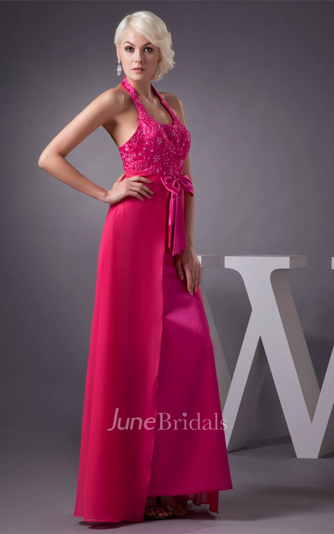 Sleeveless Ankle-Length Jeweled Dress with Bow and Halter