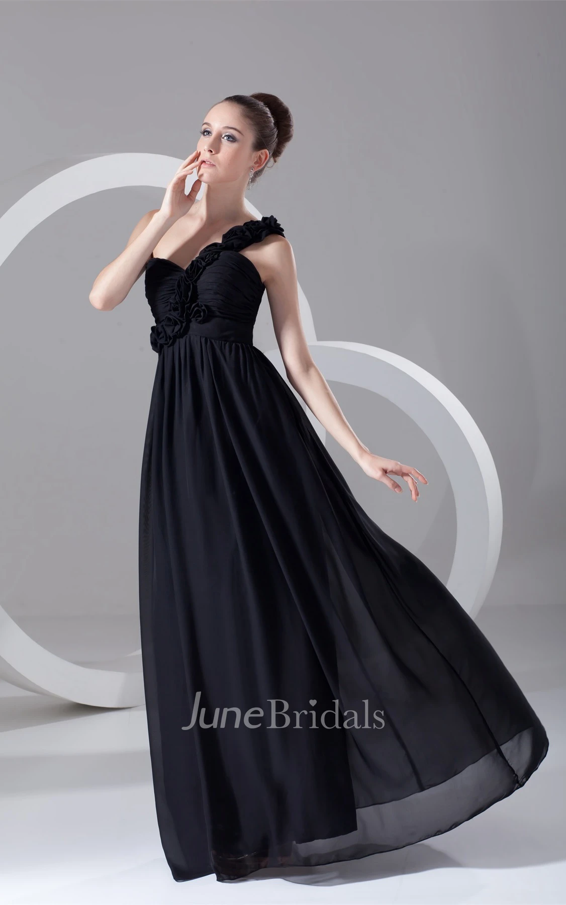 sleeveless chiffon maxi empire dress with floral strap and pleats