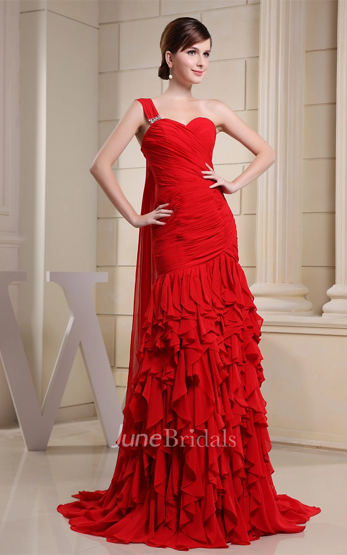 Sweetheart Ruched Chiffon Maxi Dress with Single Strap and Cascading Ruffles