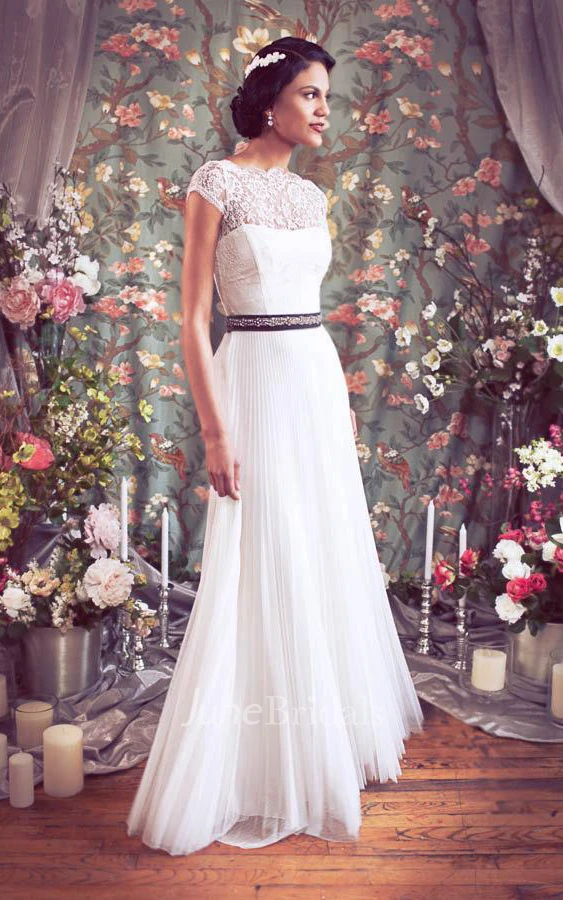 Bateau Cap Button Back Chiffon Wedding Dress With Sash And Pleats