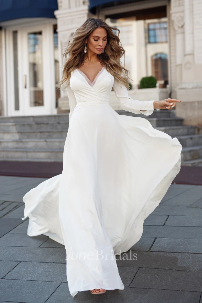 Elegant Chiffon Sheath Long Sleeve Appliqued Bridal Gown