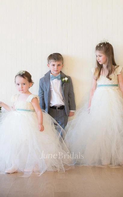 Ruffled Cap Sleeve Square Neck Tulle Dress With Sash