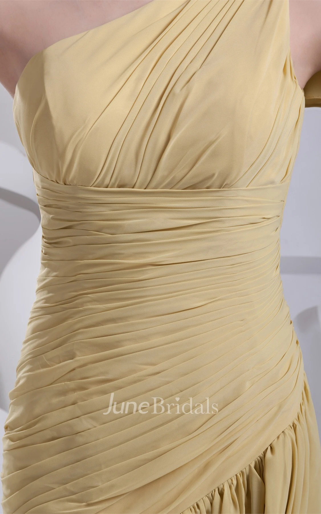 Ruched One-Shoulder Sleeveless A-Line Gown with Pleats and Ruffles
