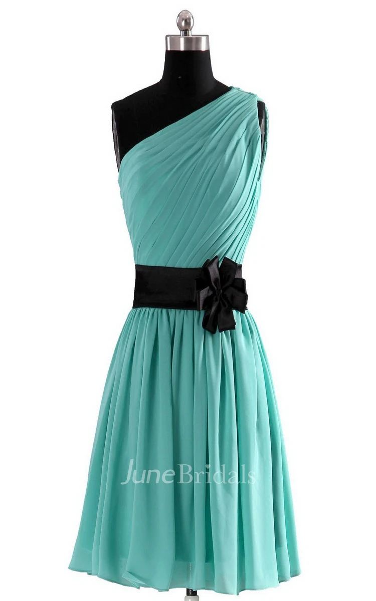 One-shoulder Pleated Chiffon Short Dress With Floral Band