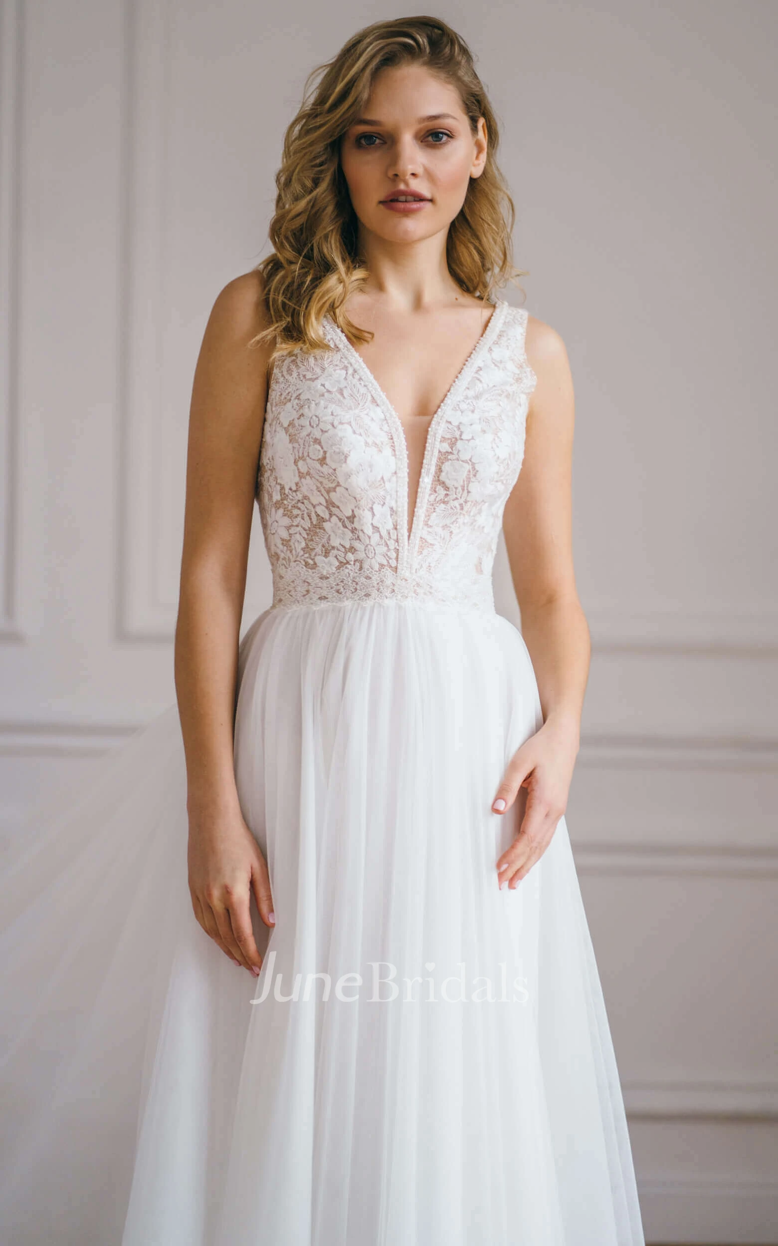 Ethereal Floor-length Train Sleeveless Lace A Line Open Back Wedding Dress